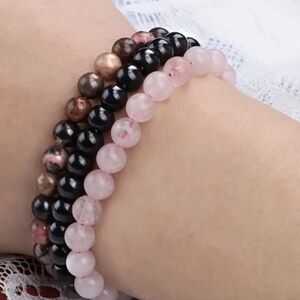 3 Bracelets Black Onyx Pink Quartz Stone Bracelet Set Summer Vacay Jewelry